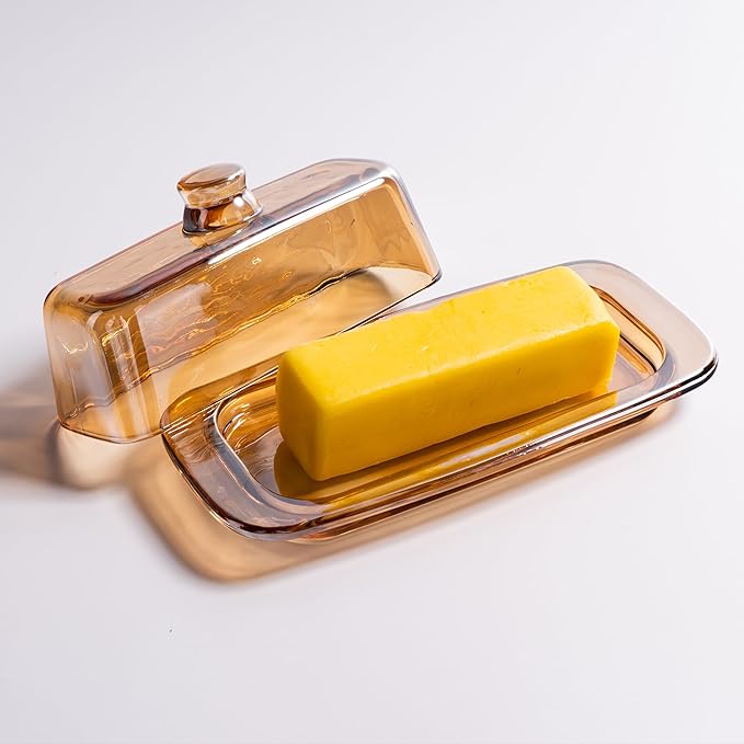 Butter Dish with Lid for Countertop, Elegant Champagne-Colored Covered Glass Butter Holder Tray Container