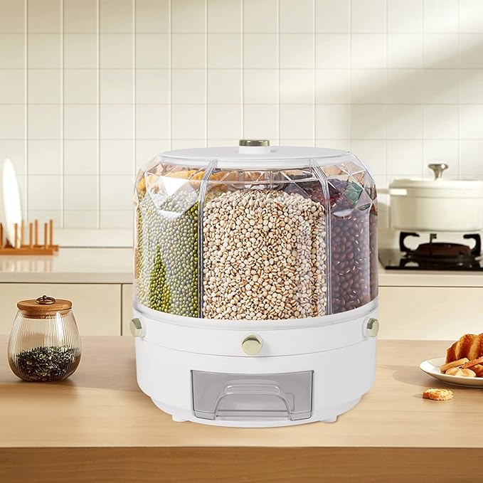 Cereal Dispenser Countertop 360° Rotating Grain Storage Container 13.2 Lbs Rice Dispenser 6 Grids Dry Food Dispenser Candy Dispensers Countertop for Small Grains, Beans, Rice