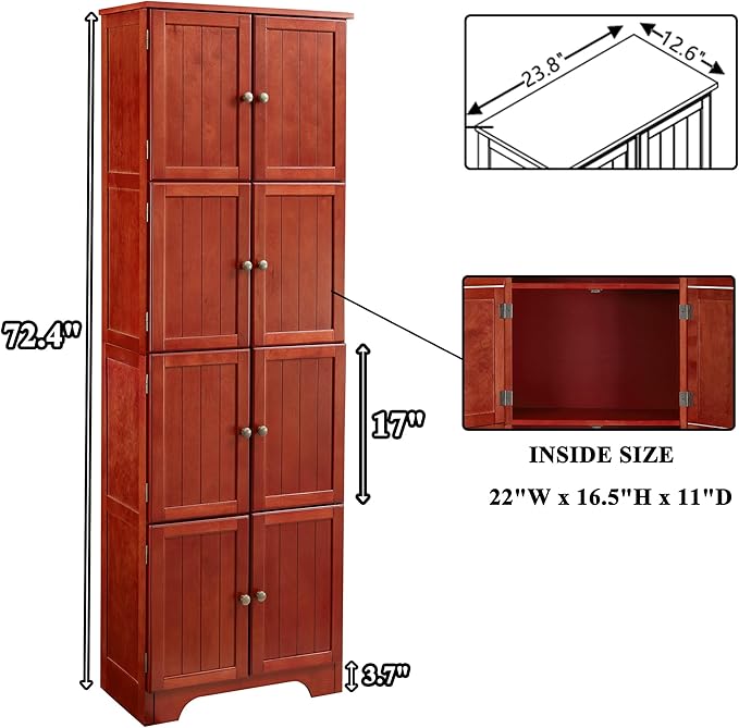 72" Tall Farmhouse Storage Cabinet, 4 Tier Kitchen Pantry Cabinet with 4 Shelves & 8 Doors, Freestanding Floor Storage Cabinet Wooden Organizer Bookcase for Living Room, Kitchen (Cherry)