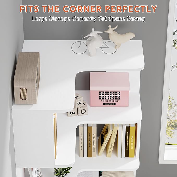 Tribesigns 6-Tier Corner Bookshelf, 64.9 Inches Tall Corner Book Shelf with Anti-Drop Panel, Modern Bookcase with Storage, Wood Display Shelving Unit for Home Office, Living Room, White