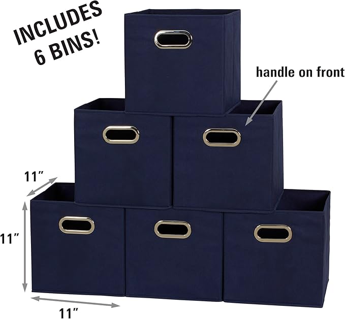 Household Essentials Foldable Fabric Storage Cubes 6-Pack – 11x11x11 Stackable Non-Woven Bins with Chipboard Sides & Grommet Handles – Closet, Shelf, Nursery, or Office Organizer – Navy