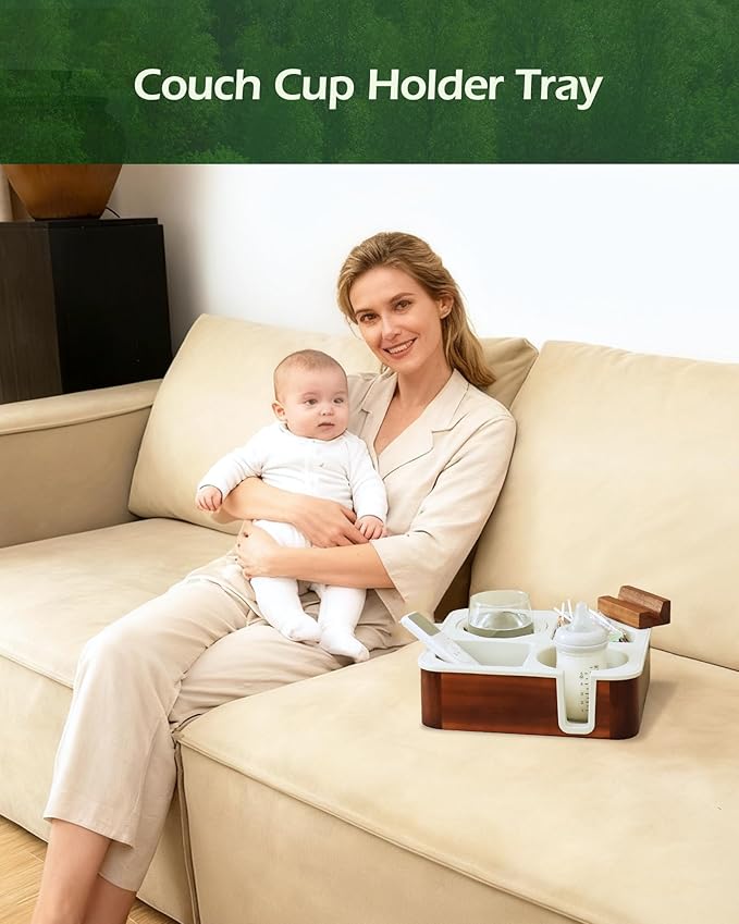 Couch Cup Holder Tray, Acacia Wood Couch Caddy With Cup Holder, Non-Slip Couch Organizer for Drinks, Snacks Remotes, Rounded Corners And Mug Slot White