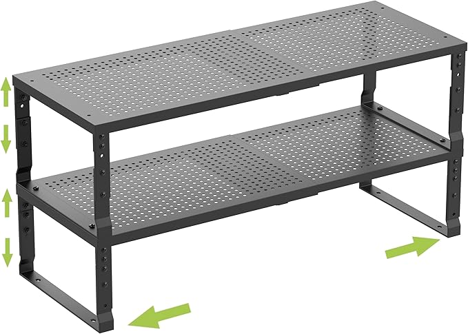 Expandable Cabinet Shelf Organizer Storage Spice Rack Shelves for Kitchen Stackable Adjustable Pantry Cupboard Bathroom Countertop Desktop(2Packs/Black/Medium-with Hole)