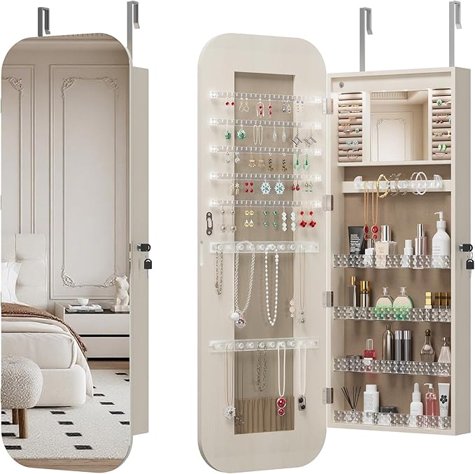 Montary Door or Wall-Mounted Jewelry Cabinet with Full-Length Mirror - Lockable Storage Organizer with Built-In LED Lighting, Hidden Jewelry Armoire for Bedroom & Closet, White
