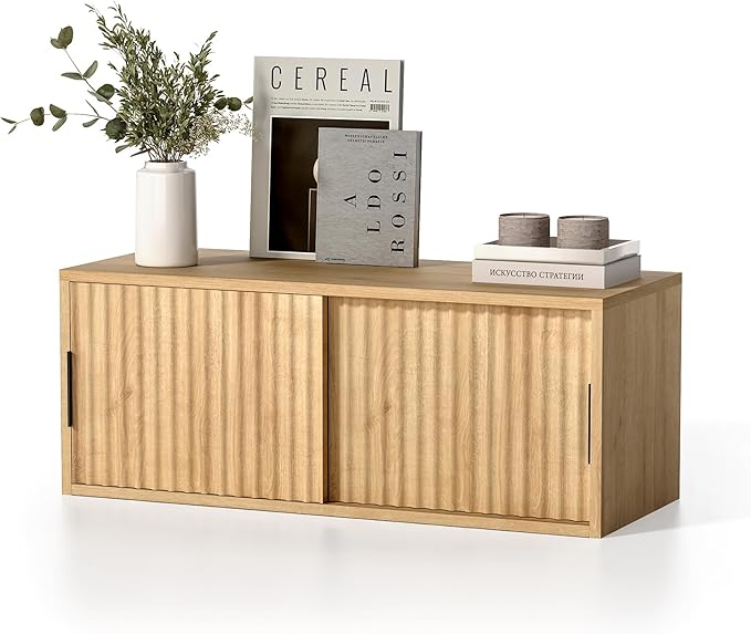 Fluted Wall Cabinet with Sliding Doors, Modern Large Floating Nightstand Storage Shelf Bedside Tables for Bedroom, Study Room Natural Oak