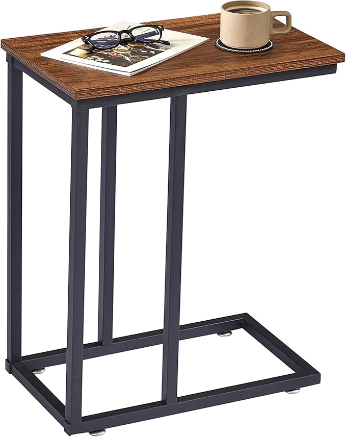 VECELO C Shaped End Side Table for Sofa Couch and Bed Snack TV Tray for Living Room Bedroom, 1 PCS Brown
