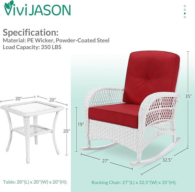 VIVIJASON 3-Piece Outdoor Conversation Bistro Set, Patio Wicker Rocking Chairs Rattan Furniture Sets w/ 2 Rattan Chairs, Cushions, Glass Top Side Table for Garden Porch Backyard (White Wicker/Red)