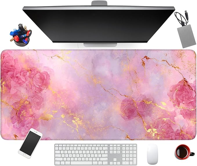 Elegant Pink Rose and Gold Marble Mouse Pad –35.43" x 15.75" Extended Desk Mat with Abstract Floral Design – Luxurious Non-Slip Surface for Office & Home Decor