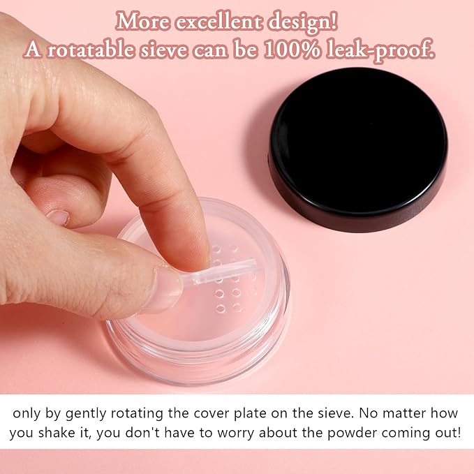2pcs 10ml/0.34oz Plastic Empty Travel Small Loose Powder Compact Refillable Loose Powder Containers Reusable No Leak Compact with Rotatable Sifter and Black Screw Lid