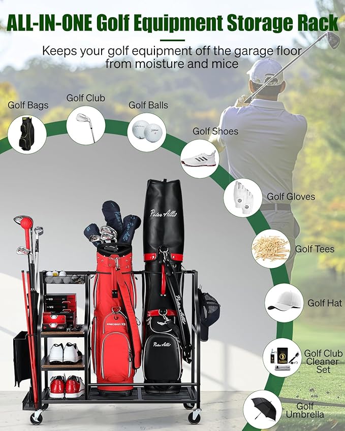 Golf Bags Storage Garage Organizer- Golf Bag Stand for Golf Bags, Clubs, Balls, Golf Equipment Accessories, Golf Bag Storage Rack with Wheels for Garage, Club, Basement