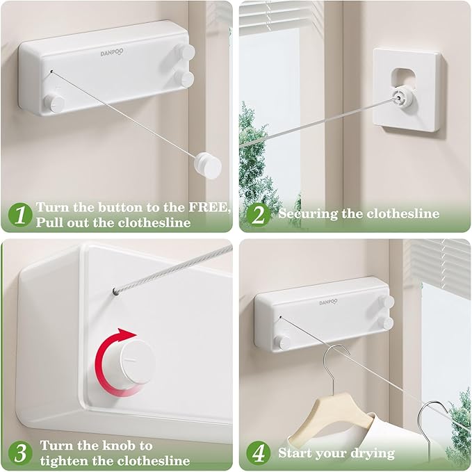 Danpoo Retractable Clothesline, 2x13.8ft Stainless Steel Clothes Line for Indoors/Outdoors, Wall-Mounted Laundry Drying with Auto-Lock, Heavy Duty(White)