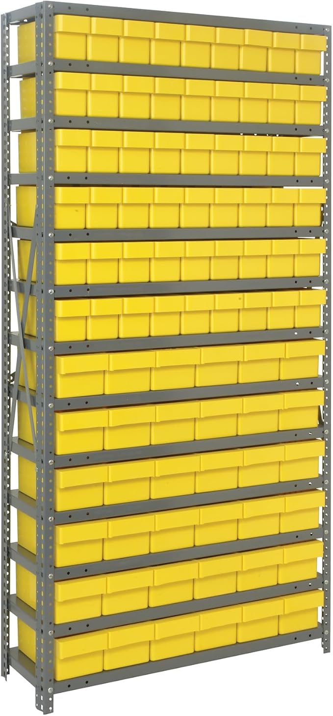 Quantum Storage Systems 1875-624YL Solid Heavy Duty 13 Shelves 90 Super Tuff Euro Yellow Bins 75" H x 36" W x 18" D