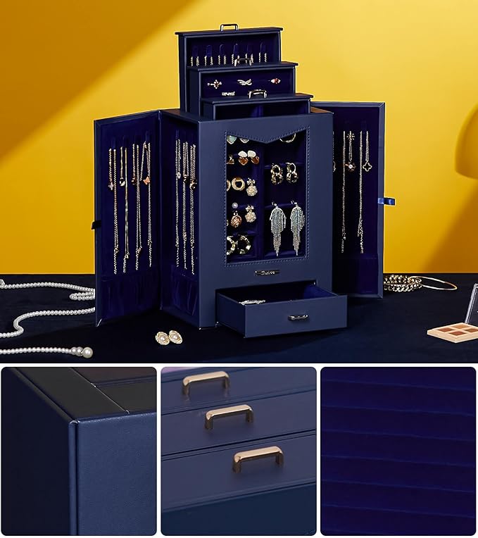 Homde Jewelry Organizer with Transparent Window Necklace Hooks Gift for Women Jewelry Box Display Case for Necklaces Rings Earrings Bracelets and Other Accessories (Dark Blue)