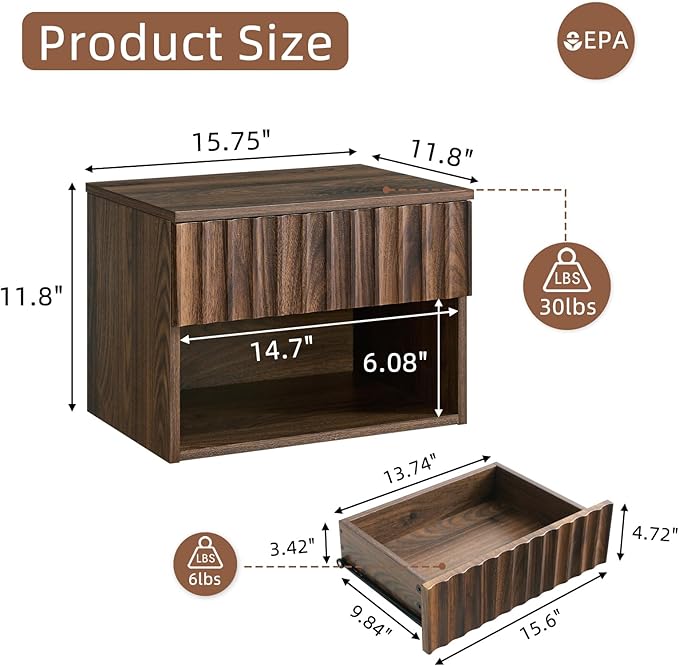 Floating Nightstand with Fluted Drawer - Modern Wall Mounted Bedside Table with Open Storage Shelf, Small Night Stand TV Stand for Bedroom(Walnut, Set of 2)