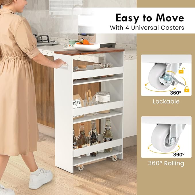 LOKO 4-Tier Rolling Storage Cart, 8 Inches Slim Kitchen Cart on Wheels with Open Shelves & Handle, Laundry Room Cart Between Washer and Dryer, for Bathroom Next to Fridge (White & Rustic Brown)