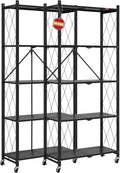 DEANIC 5 Tier Foldable Storage Shelves with Wheels, Large Capacity Shelving Unit, Freestanding Metal Wire Shelf Rack, No Assembly Organizer Rack for Garage Kitchen, Basement, Pantry(Black Pack of 2)