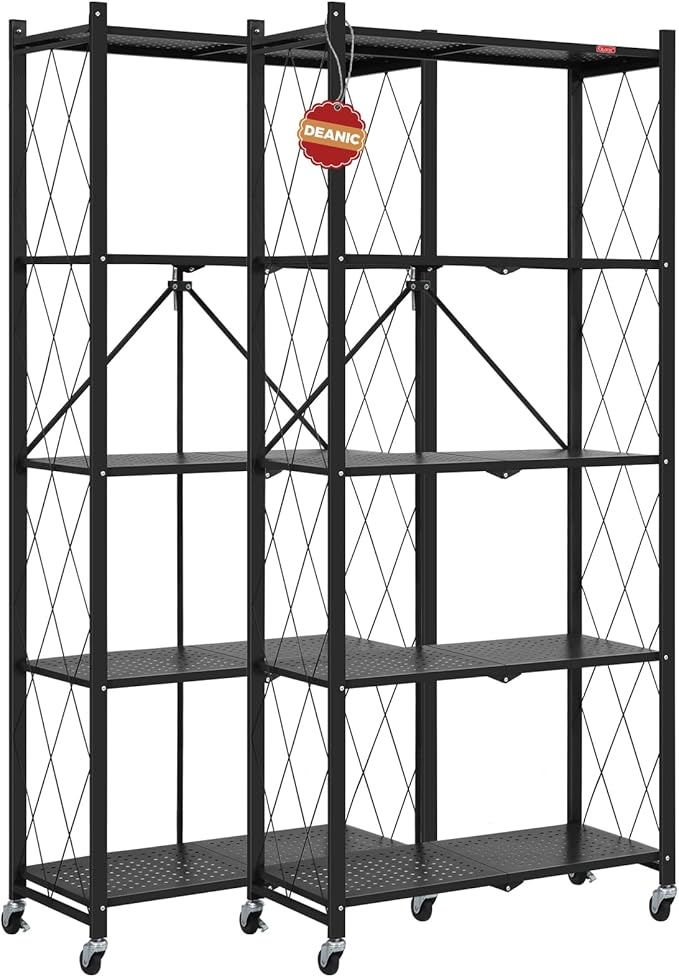 DEANIC 5 Tier Foldable Storage Shelves with Wheels, Large Capacity Shelving Unit, Freestanding Metal Wire Shelf Rack, No Assembly Organizer Rack for Garage Kitchen, Basement, Pantry(Black Pack of 2)