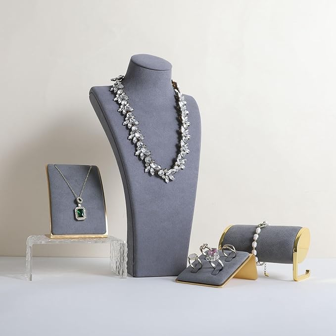GemeShou Grey necklace storage organizer for sale, Velvet necklace holder stand, jewelry bust display stands, Jewelry Mannequin for Countertop, Showcase【Grey-Large height 12.4 inch】