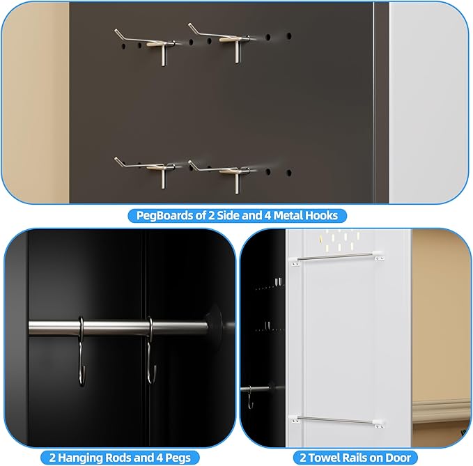 72''H Metal Broom Closet Storage Cabinet with Wheels & Pegboards, Mops Broom Closet Organizer with Locking Door & Hanging Rod,Cleaning Tool Garage Cabinet,Assembly Required,Black Gray