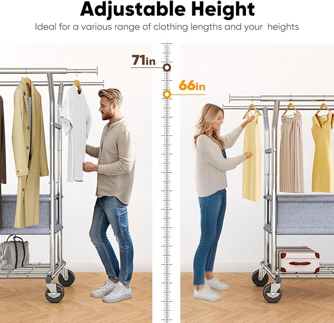 HOKEEPER Clothing Rack Heavy Duty Clothes Rack for Hanging Clothes Load 625LBS Extendable Double Rod Clothes Rack, Adjustable Rolling Garment Rack with Wheels, Basket & Shelves 71.2''W*23.6''D*68.5''H