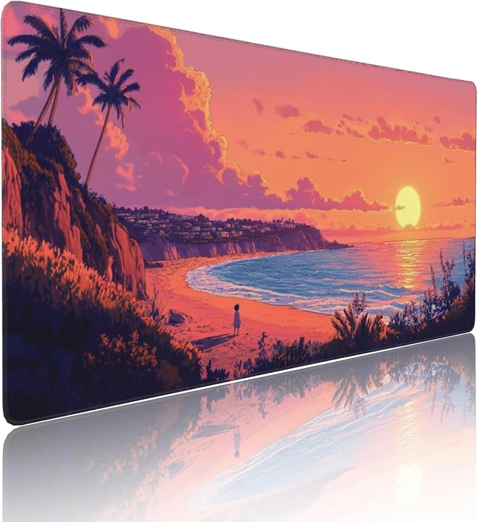 Sunset Beach Large Mouse Pad, Anime Style Gaming Desk Mat, XXL Keyboard Desk Pad Mat for Desktop, 35.4"x15.7" Non-Slip Base Big Mousepad with Stitched Edges