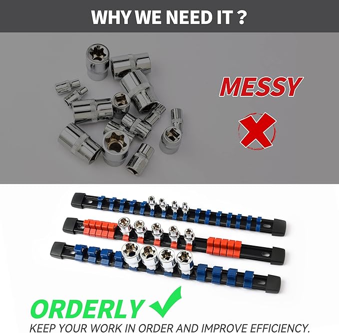 Socket Organizer Drive ABS Tools - Orange Socket Holder, Premium Quality 9 Pieces Socket Holders Kit 1/4-Inch x 48 Clips, 3/8-Inch x 45 Clips, 1/2-Inch x 36 Clips（9PC,Orange)