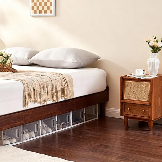 Shoe Boxes, Stack Without Toppling Modular storage boxes combine freely for use in closets, under beds, hallways, and entryways. Space-saving. (Transparent, 6 Pack)