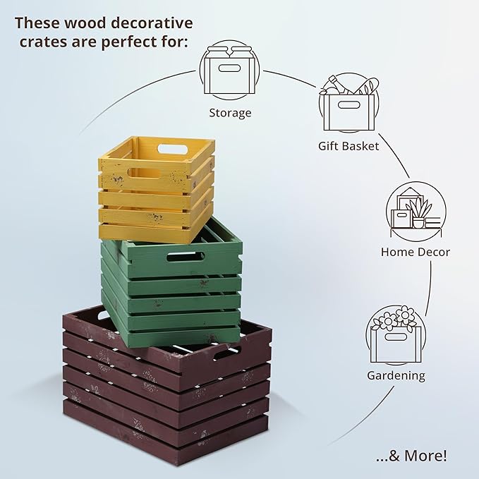 wald imports - Set of 3 Red, Green & Gold Wooden Crates for Storage - Decorative Wooden Crate Set for Home Decoration & Display - Vintage Storage for Household Goods