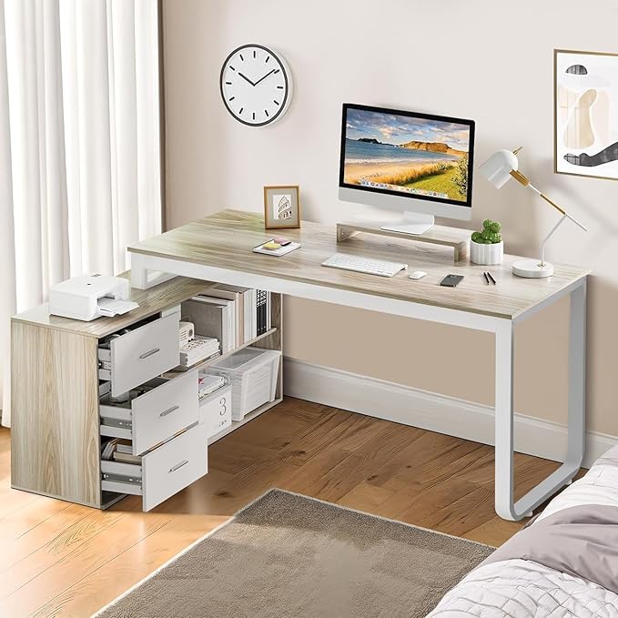 55 Inch Reversible L Shaped Computer Desk with 3 Drawers, Corner Desk with Storage Shelves and Removable Monitor Stand, White and Walnut