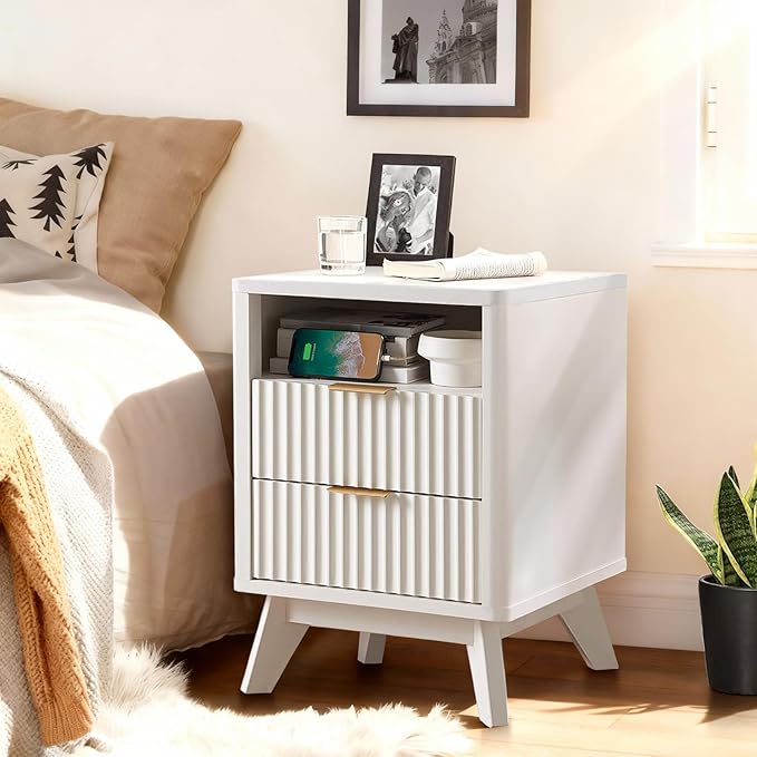 Fluted Nightstand - 24" Modern Bedside Table w/ 2 Drawers, Wood Bed Side End Table with Open Shelf, Night Stand with Storage Drawer, Curved Design Night Stands for Bedroom Living Room (White)