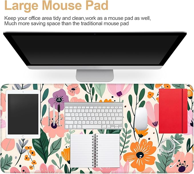 Large Mouse Pad, Floral Garden Desk Mat, Extended Gaming Mouse Pad with Non-Slip Rubber Base, Thick 3mm Smooth Surface Keyboard Mat for Office & Home,35.5 x 15.8 in