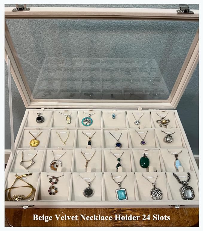 Jewelry Box Necklace Organizer Tray (Beige) Necklace Display Case for Storage Jewelry Necklaces Display Stand 24 Slot Pendant Holder for Women
