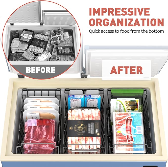 Goovilla Freezer Organizer Bins with Foldable Handle, 8 Pack Stackable Freezer Baskets for 3.5-7 Cu.FT Deep Chest Freezer Organization, Coated Metal Freezer Storage Bins with Better Space Utilization