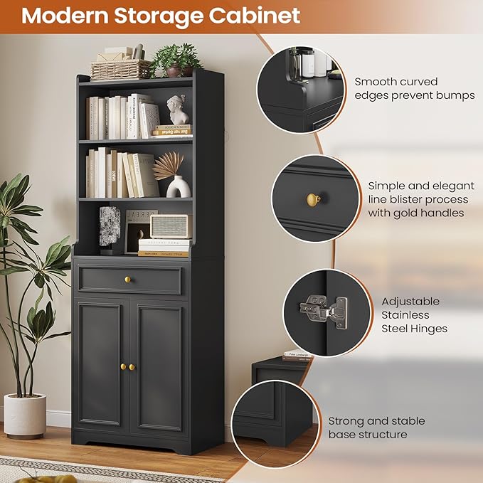 DICTAC Bookcase Set of 2 with Drawer and Doors 73.23''Tall Bookshelf with Storage Shelves Freestanding Storage Cabinet with Microwave Space storage Organizer for Home Office,Living Room,Bathroom,Black