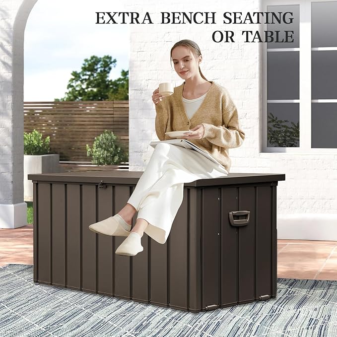 Domi 100 Gallon Metal Deck Box Waterproof, Outdoor Storage Box with Lock Wheels Side Handles Outside Storage Box for Patio Cushions, Shoes & Pool Tools