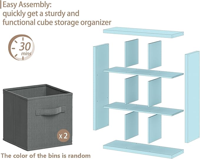 Bookshelf with Storage Bins, 9-Cube Storage Organizer Sturdy Wooden Bookcase Open Book Shelf, Multifunctional Cubicle Rack for Storage & Display, Furniture for Living Room Bedroom Office, Black
