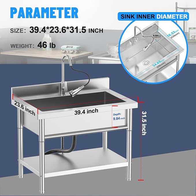 Stainless Steel Utility Sink, Freestanding Sink with Retractable Cold and Hot Water Faucet,Hoses and Drain Kit for Kitchens, Bathrooms, Garage