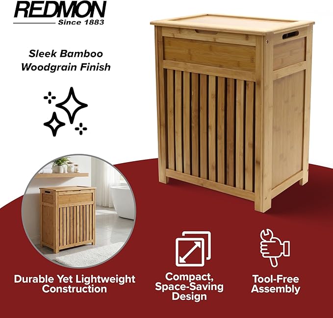 Redmon Bamboo Top Load Full Size Clothes Hamper, Side Handles, Double Hinged Lid and Decorative Stop