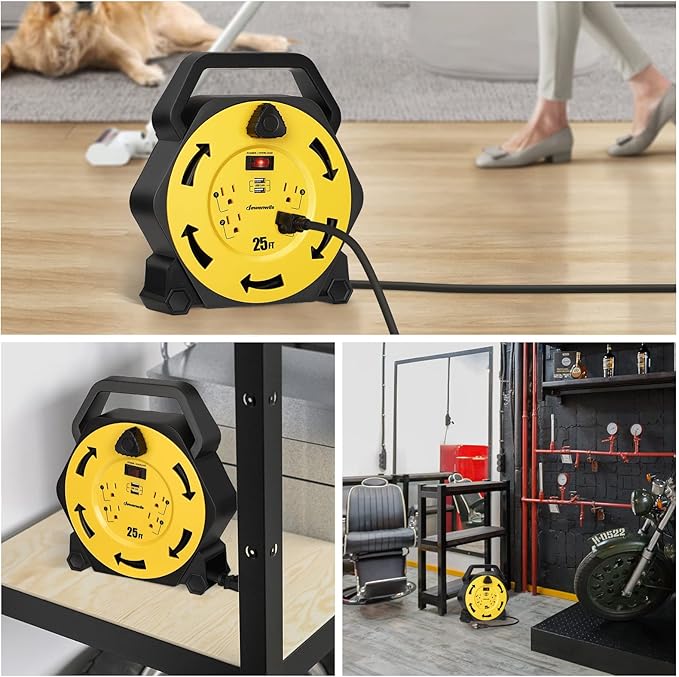 DEWENWILS Cord Reel with 4 Power Outlets, 2-USB Ports(3.4A Fast Charge), 25FT Retractable Extension Cord Reel, Heavy Duty SJTW 16/3 Cable, 13A Circuit Breaker, Hand Wind, UL Listed