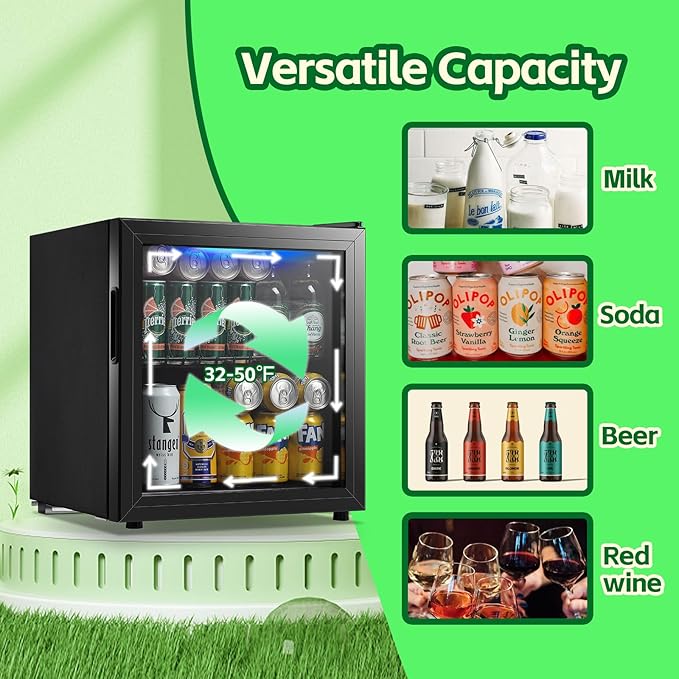 WANAI Beverage Refrigerator Cooler 1.6 Cu.Ft Freestanding Beer Fridge with Glass Door LED Light and Adjustable Shelf for Soda or Wine, Perfect for Home Bar Office