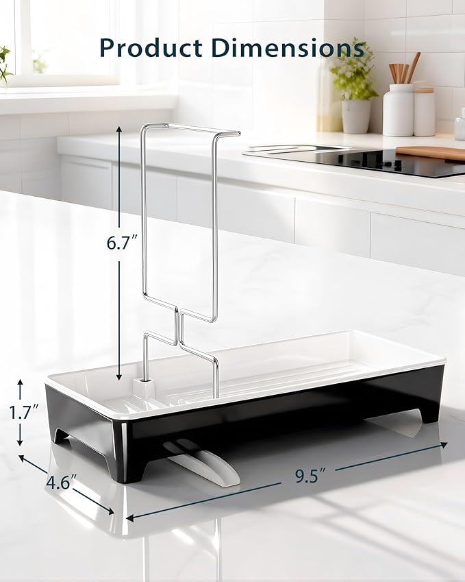 Ceramic-Look Sink Caddy, Rustproof Sponge Holder for Kitchen Sink with 304 Stainless-Steel Brush Holder, Countertop Rack Organizer with Raised Ridges & Silicone Drain Tube (Black)