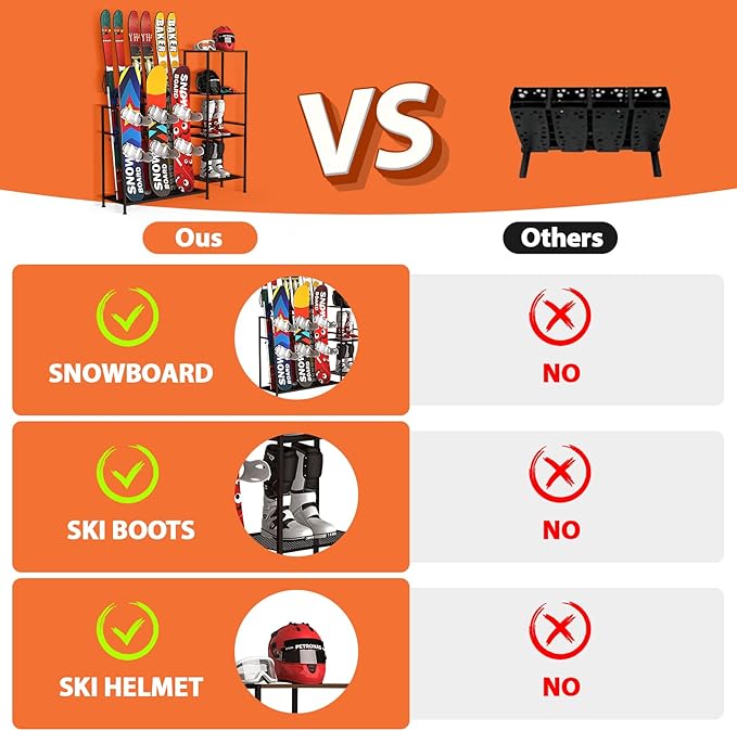 Freestanding Snowboard Rack, 4 Pair Ski, 3 Pack Snowboard, Boot, Pole, Goggles, Snowboard Gear, Ski Rack for Garage