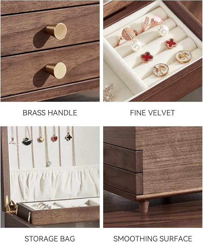 CHOSIN Wooden Jewelry Box, 3 Layer Large Jewelry Organizer for Women, Black Walnut Wood, Jewelry Storage for Necklaces Rings Earring Watches Bracelets Christmas Gifts(No Mirror)