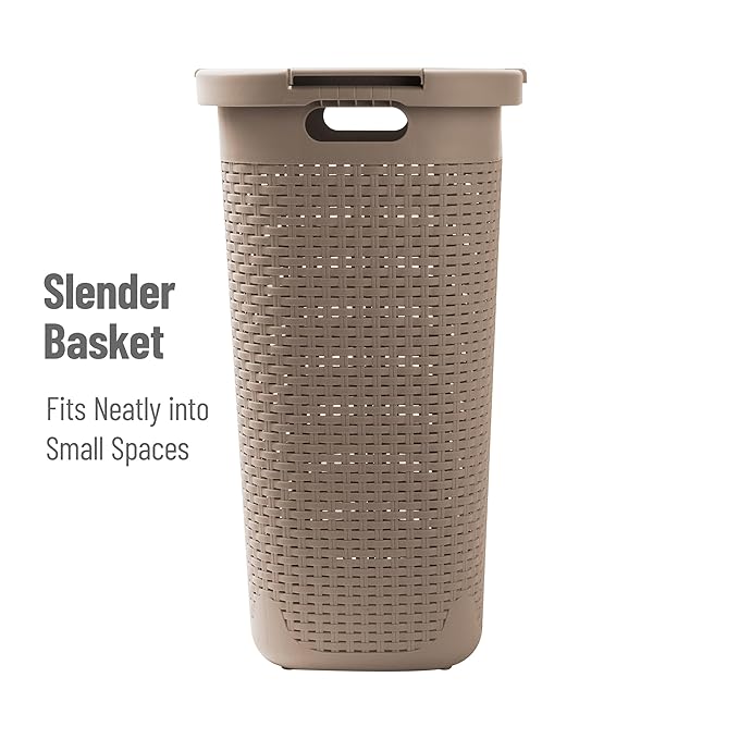 Mind Reader Slim Laundry Hamper with Lid, 60L Clothes Basket, Premium Wicker Design, Plastic, Tan
