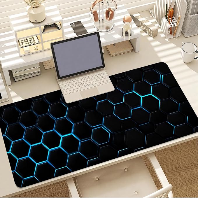 Gaming Mouse Pad – Large Extended Desk Mat35.43 x 15.75 in – Futuristic Black Honeycomb Design with Blue Glow, Non-Slip Base, Waterproof Surface, Keyboard & Mouse Pad for Gaming or Office