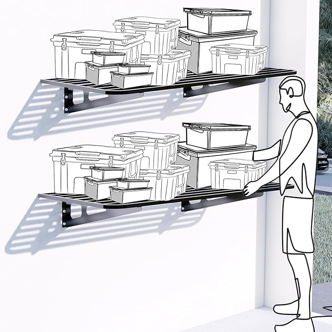 Garage Wall Shelving 2-Pack 2x4ft 24-inch-by-48-inch Wall Shelf Garage Storage Rack Floating Shelves, Space-Saving Black
