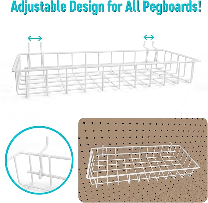 G.CORE Large Peg Board Baskets - 2 Pack Metal Shallow Tray Shelves for 1/4 Pegboards - Spray Bottle Holders Can Organizers for Garage Workbench Shop Hobby Craft Tool Organization (White)