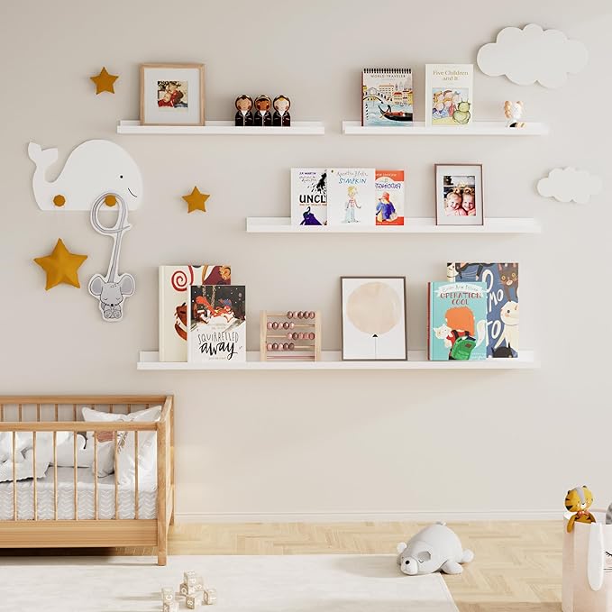 Fun Memories Picture Ledge Shelf for Wall, Floating Shelves Set of 4, 24 Inch Long Nursery Book Shelves for Toys Storage, Kids Bookshelf Wall Mounted for Books Photo Frames, White