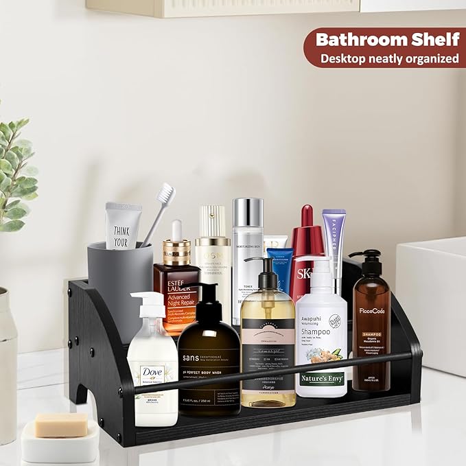 Liquor Bottle Display Shelf, Coffee Syrup Rack Organizer, 2 Step Countertop Wine Rack, Home Retro Bar Shelf Stand for Liquor Whiskey, Spirits, Kitchen Organizer for Seasonings, Spice & Tea (Black)
