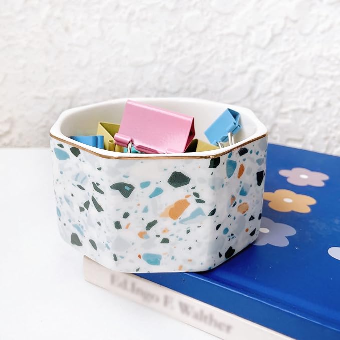 Ceramic Paper Clip Holder Gold Line Paper Clip Dispenser Organizer for Desk Cute Terrazzo Marble Pattern Office Binder Clip Holder Bobby Pin and Hair Clip Holder Gift for Office Blue